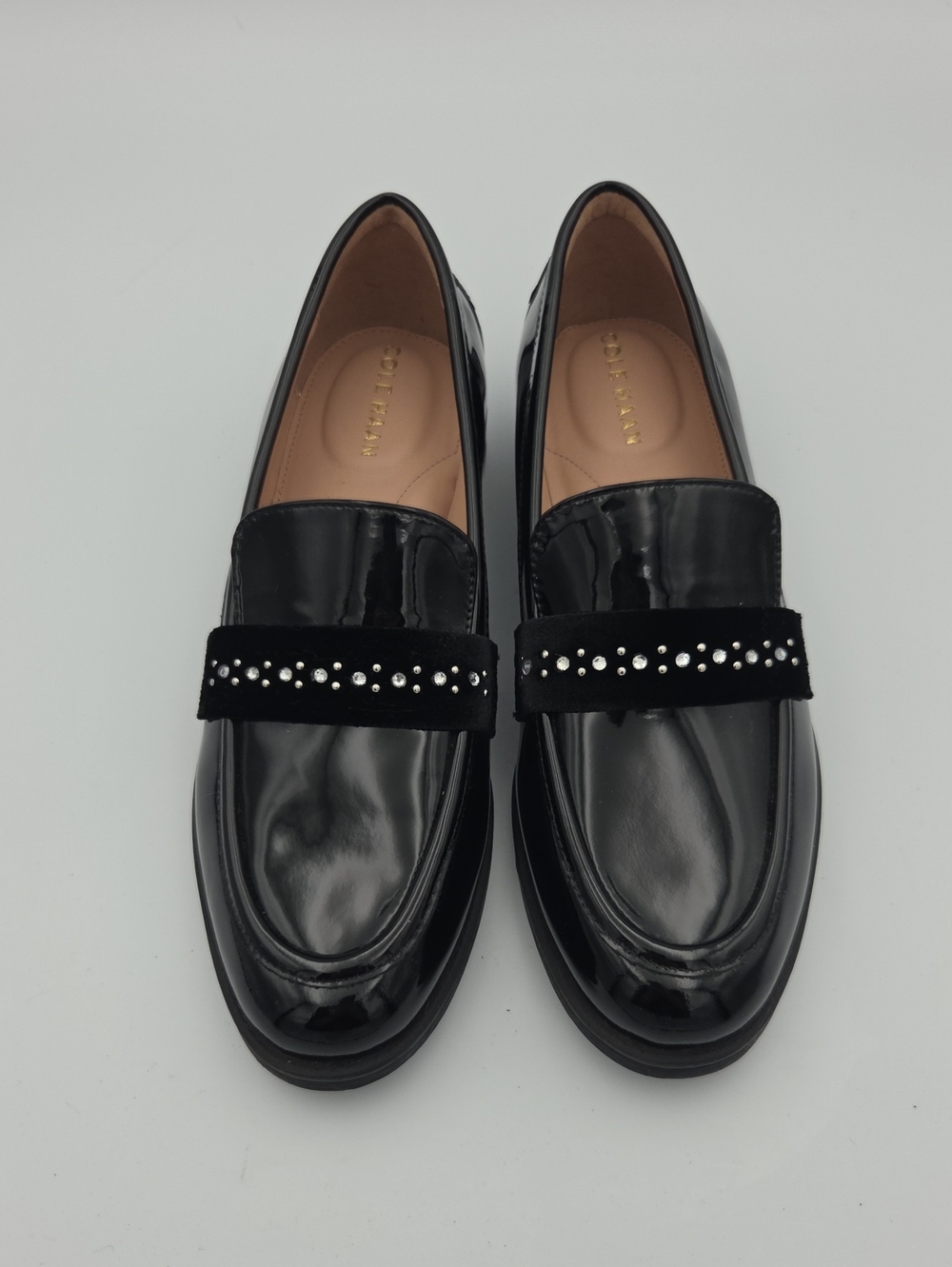 Cole Haan Black Patent Loafers with Velvet Band and Crystal Studs Size 6.5